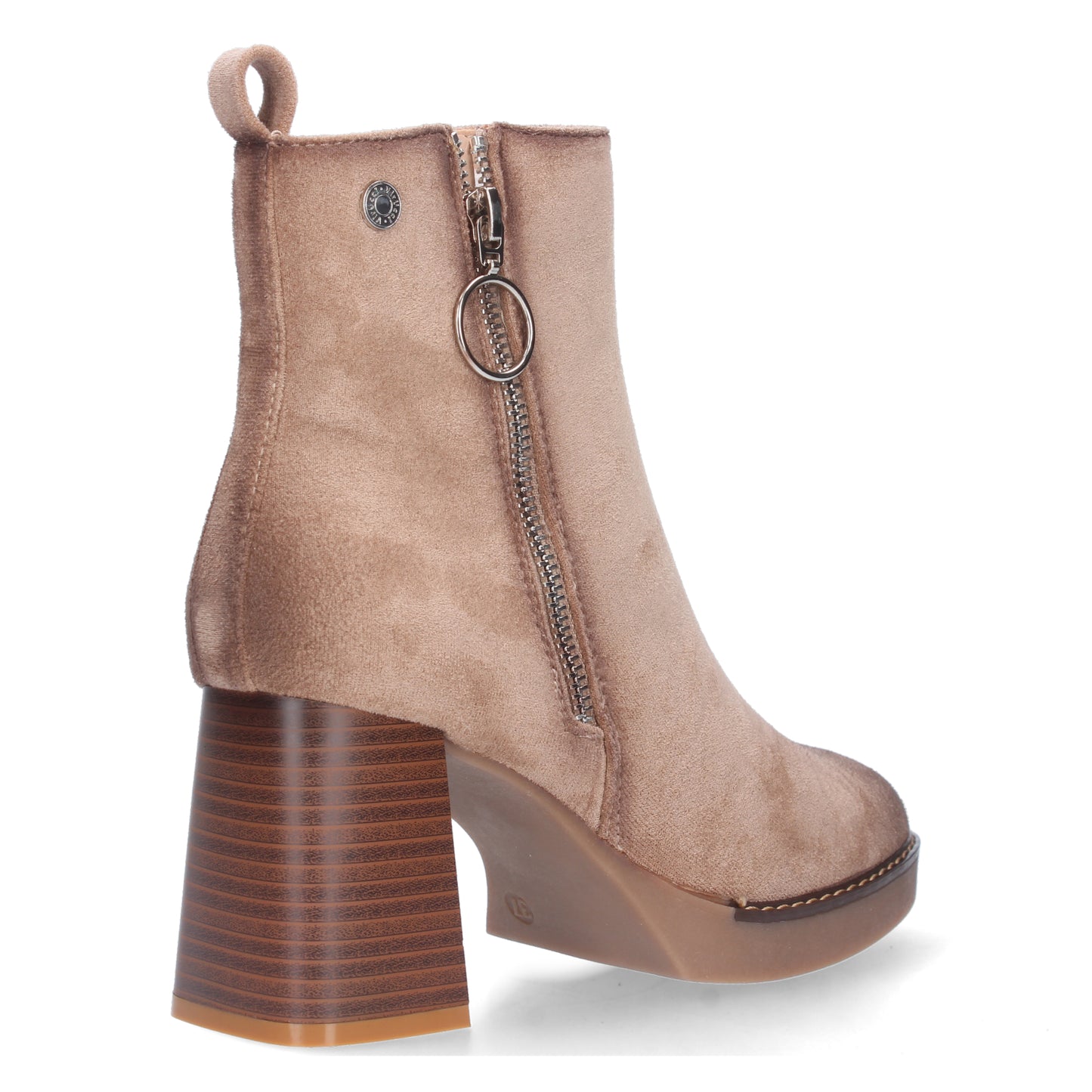 Botín mujer estampado liso con tirador y tachuela cierre de cremallera. Tacón recto