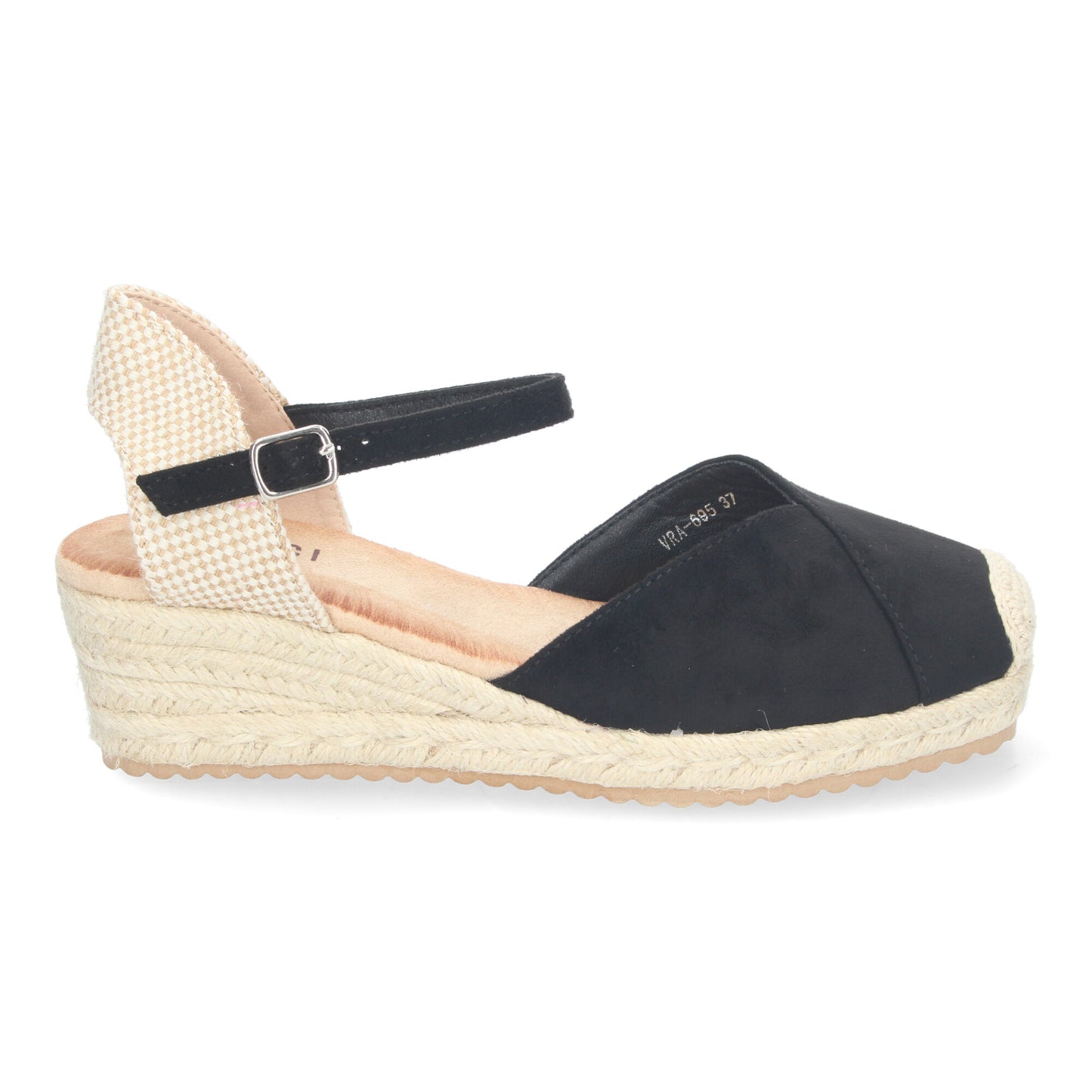 Sandalia de Cuña para Mujer Cómodas y Elegantes Forrada de Yute Detalle Cosido en la Pala y Cierre de Hebilla color Negro