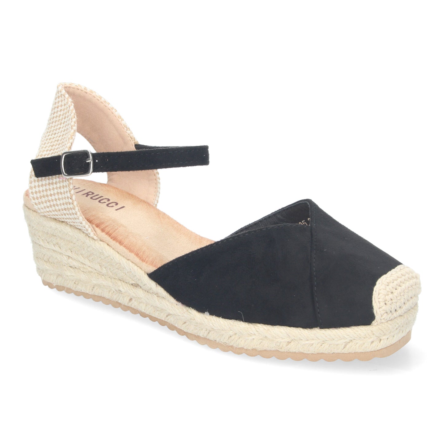 Sandalia de Cuña para Mujer Cómodas y Elegantes Forrada de Yute Detalle Cosido en la Pala y Cierre de Hebilla color Negro