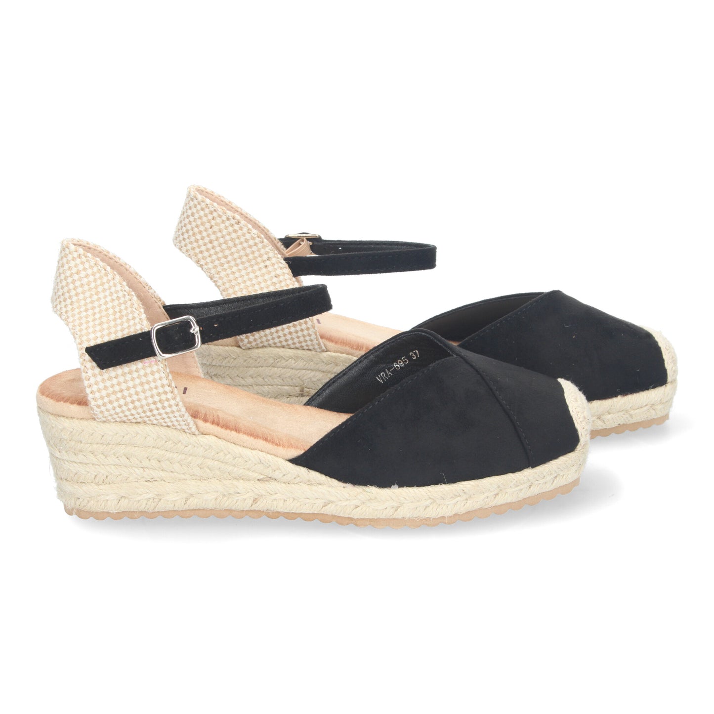 Sandalia de Cuña para Mujer Cómodas y Elegantes Forrada de Yute Detalle Cosido en la Pala y Cierre de Hebilla color Negro