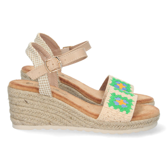 Sandalia de Cuña para Mujer Cómoda Forrada de Yute Pala Simple con Bordado y Cierre de Hebilla Primavera Verano