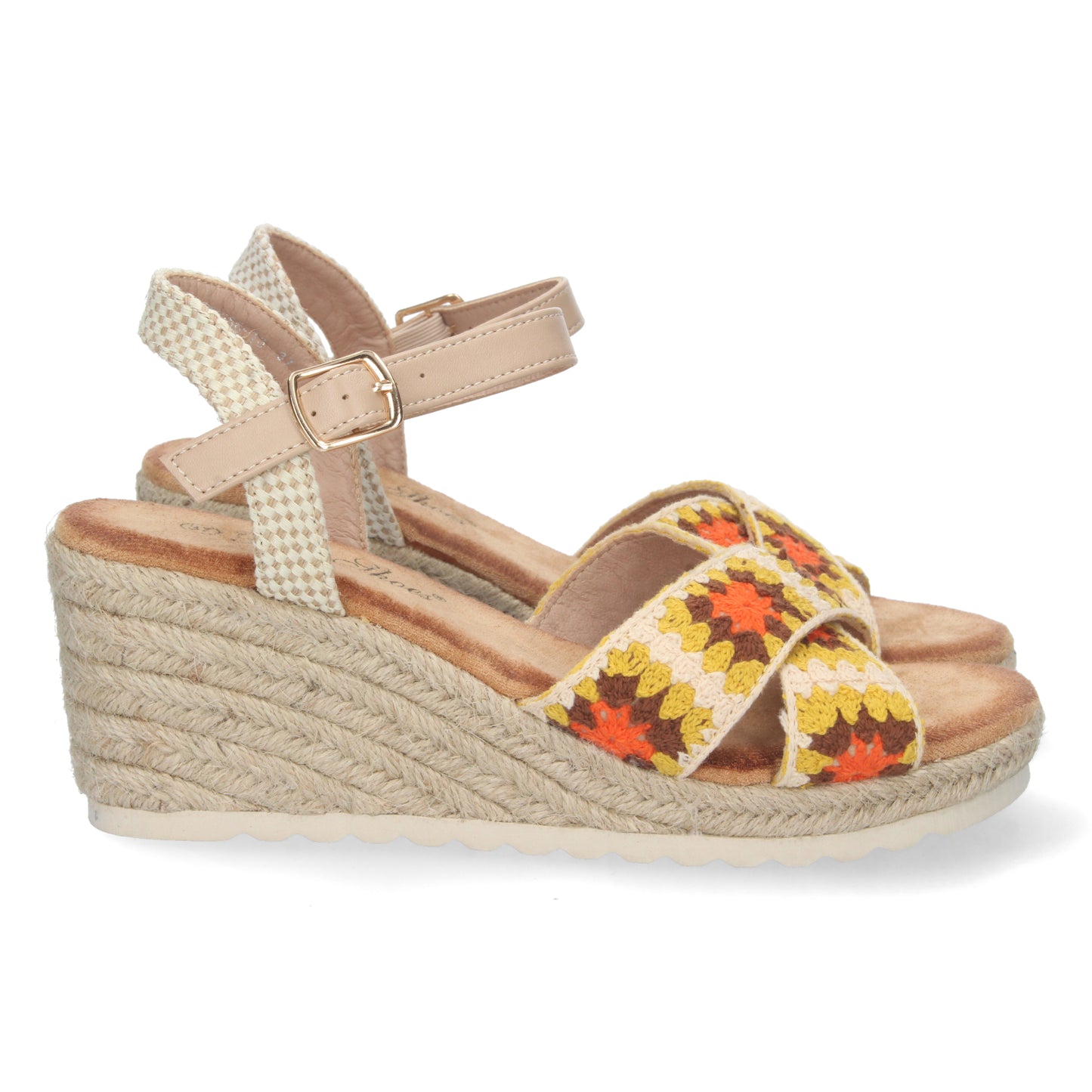 Sandalia de Cuña para Mujer Cómoda Forrada de Yute Palas Cruzadas con Bordado y Cierre de Hebilla Primavera Verano