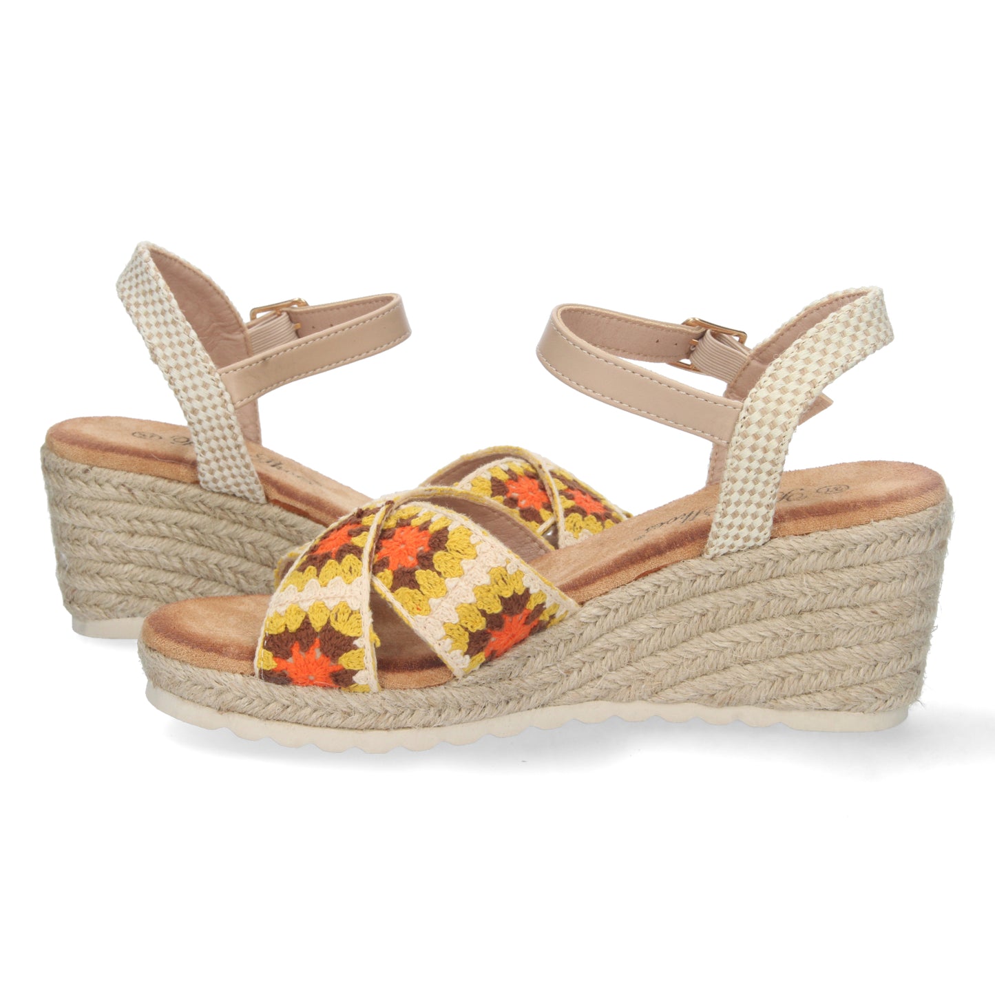Sandalia de Cuña para Mujer Cómoda Forrada de Yute Palas Cruzadas con Bordado y Cierre de Hebilla Primavera Verano