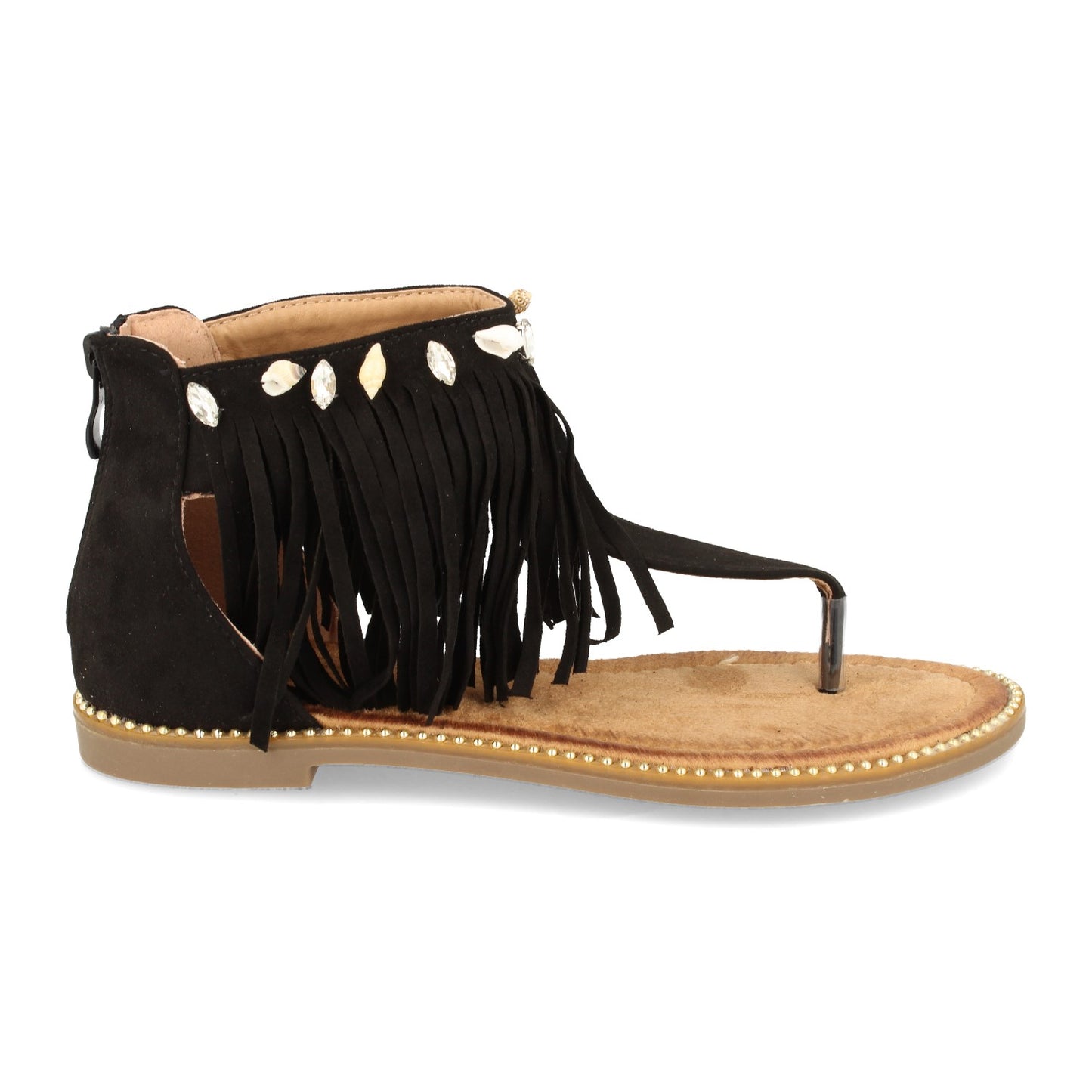 Sandalias planas con flecos, sandalias con flecos, sandalias negras planas, descubre los cupones de Let's SecretsWH-69-Negro
