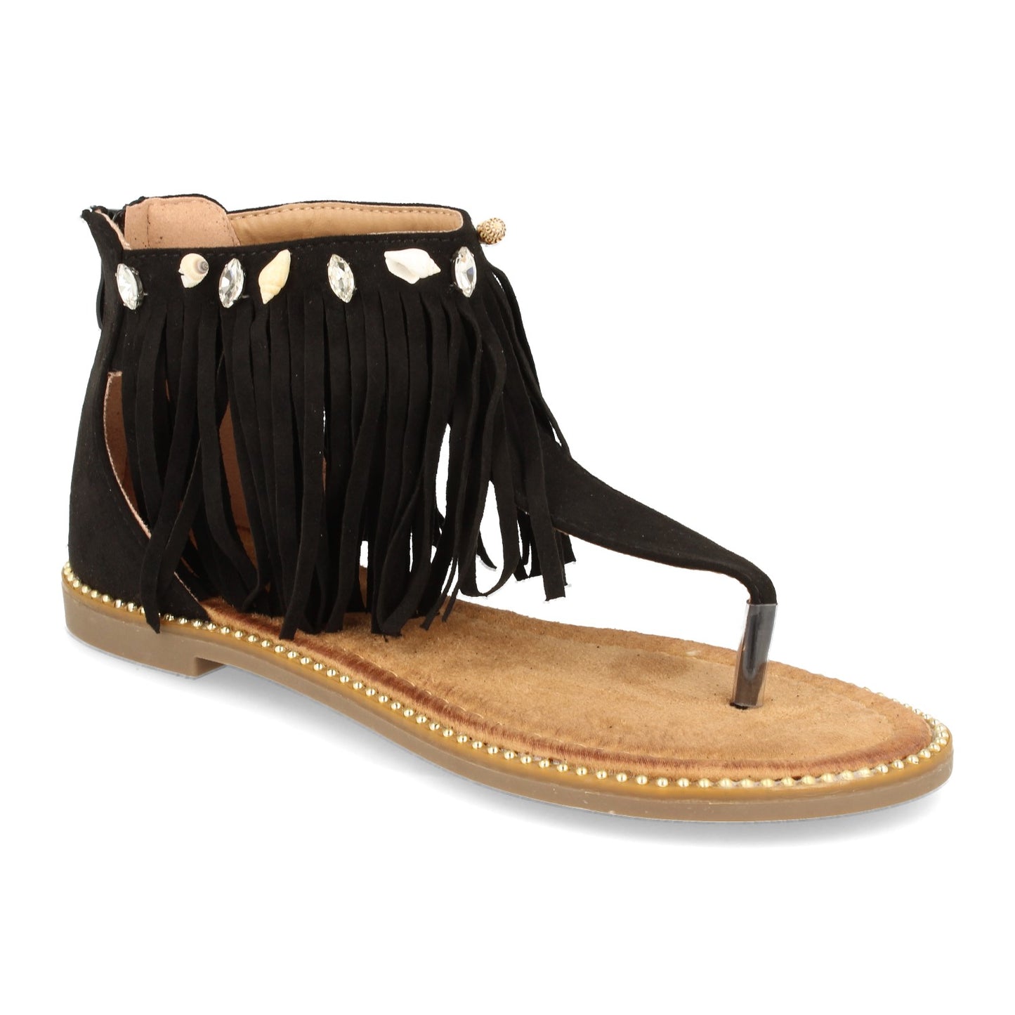 Sandalias planas con flecos, sandalias con flecos, sandalias negras planas, descubre los cupones de Let's SecretsWH-69-Negro