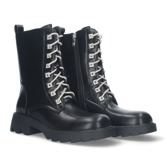 Botín para mujer cómodas suela dentada cordoneras brillantes de strass cierre de cordoneras y de cremallera.