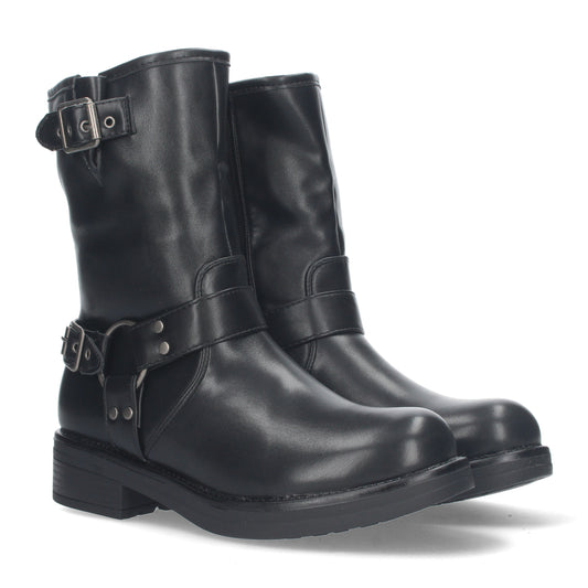 Botines Moteros de Diseño Liso con Tacón Bajo Adorno al Tono en el Tobillo y Caña de 19cm con Hebilla y Cierre de Cremallera Ideales para ir de Ruta en Otoño e Invierno