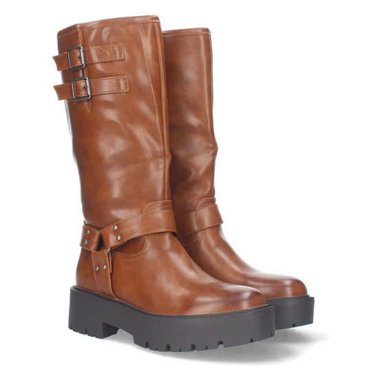 Botas Moteras de Diseño Liso con Tacon Bajo y Plataforma Adorno al Tono en el Tobillo y Caña de 30 5cm con 2 Hebillas y Cierre de Cremallera Ideales para ir de Ruta en Otoño e Invierno