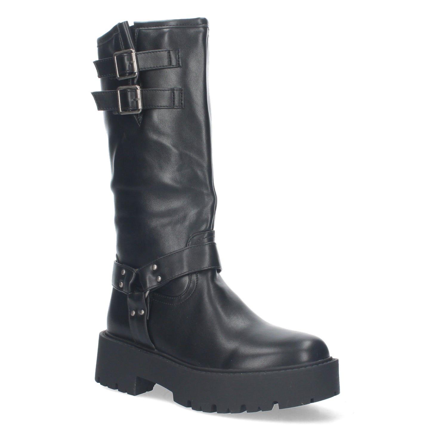 Botas Moteras de Diseño Liso con Tacon Bajo y Plataforma Adorno al Tono en el Tobillo y Caña de 30 5cm con 2 Hebillas y Cierre de Cremallera Ideales para ir de Ruta en Otoño e Invierno