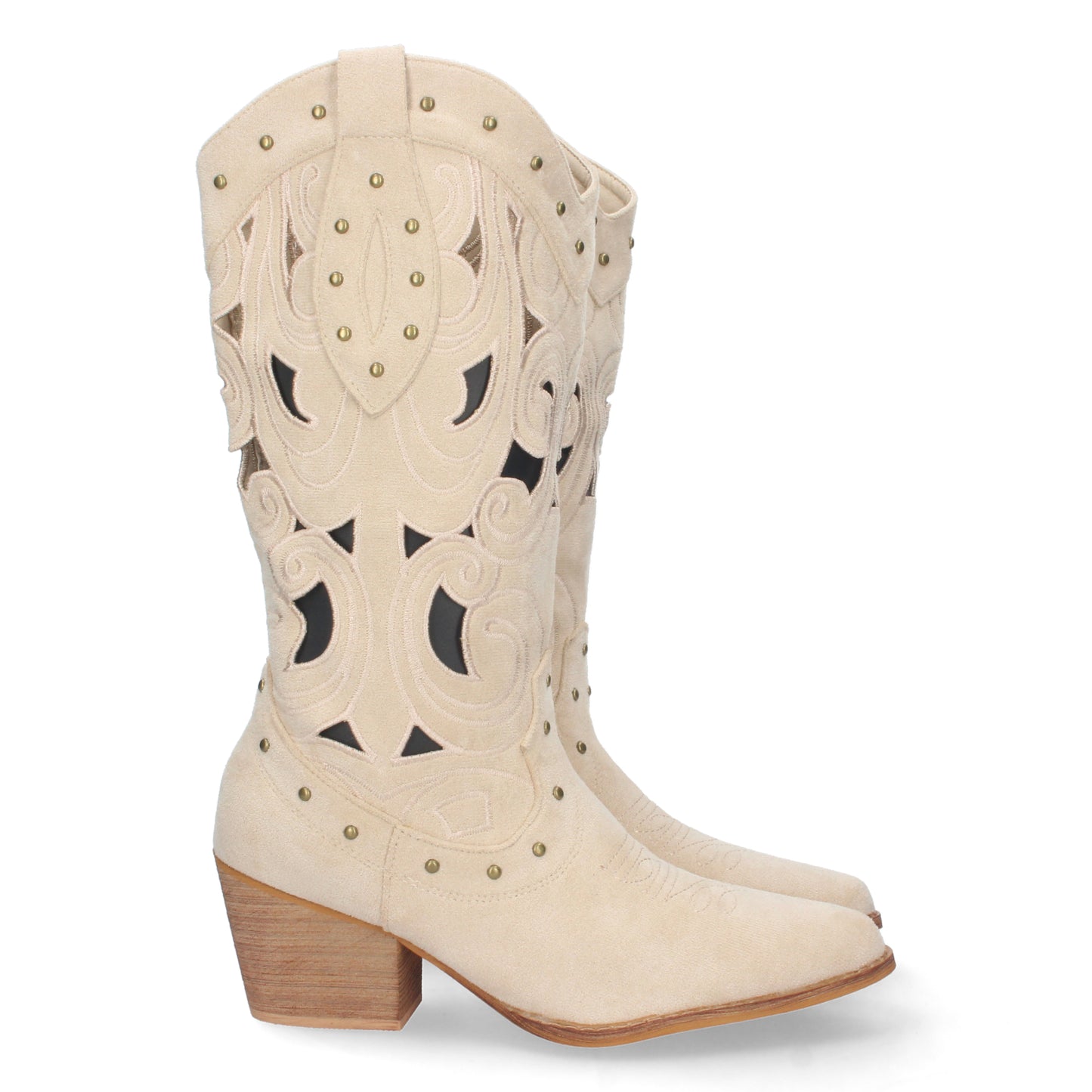 Bota de Tacón para Mujer Cómoda con Calados y Tachuelas en la Caña Cierre de Cremallera Primavera Verano