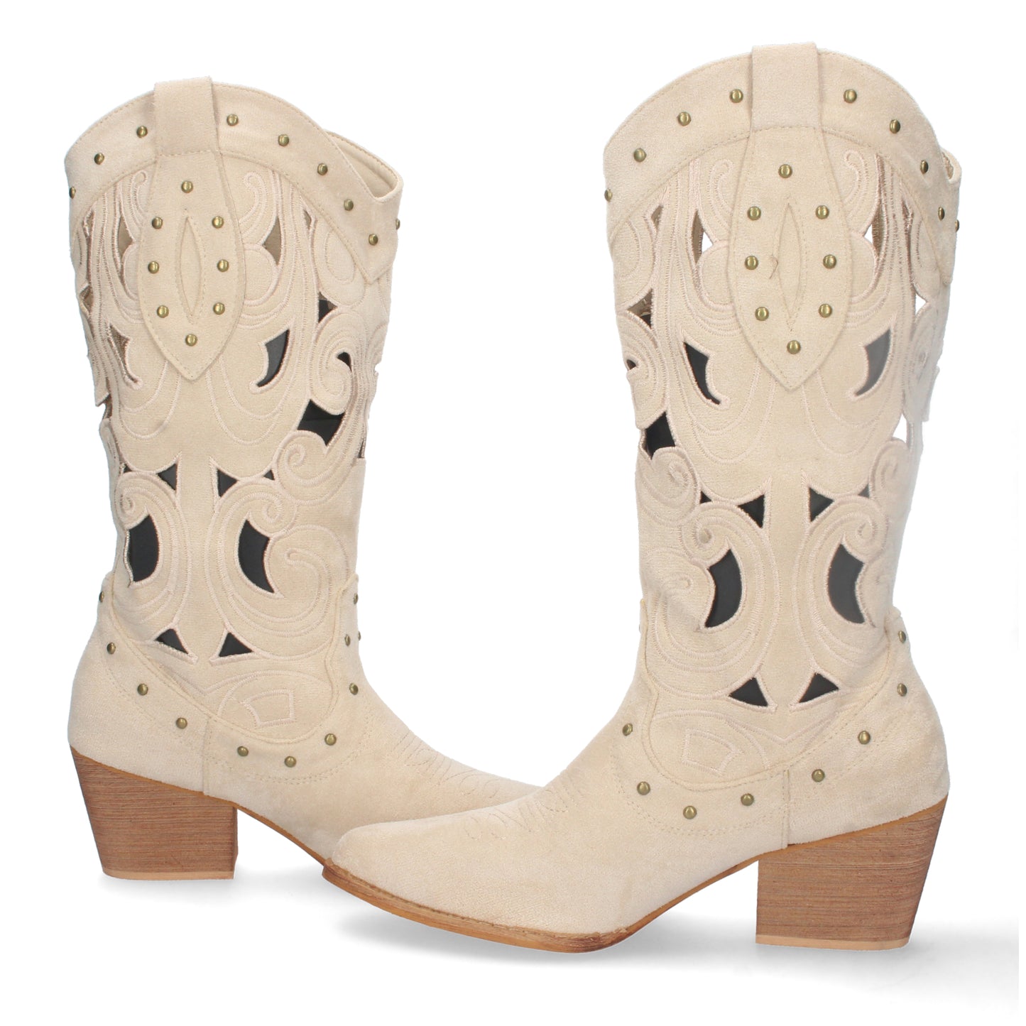 Bota de Tacón para Mujer Cómoda con Calados y Tachuelas en la Caña Cierre de Cremallera Primavera Verano